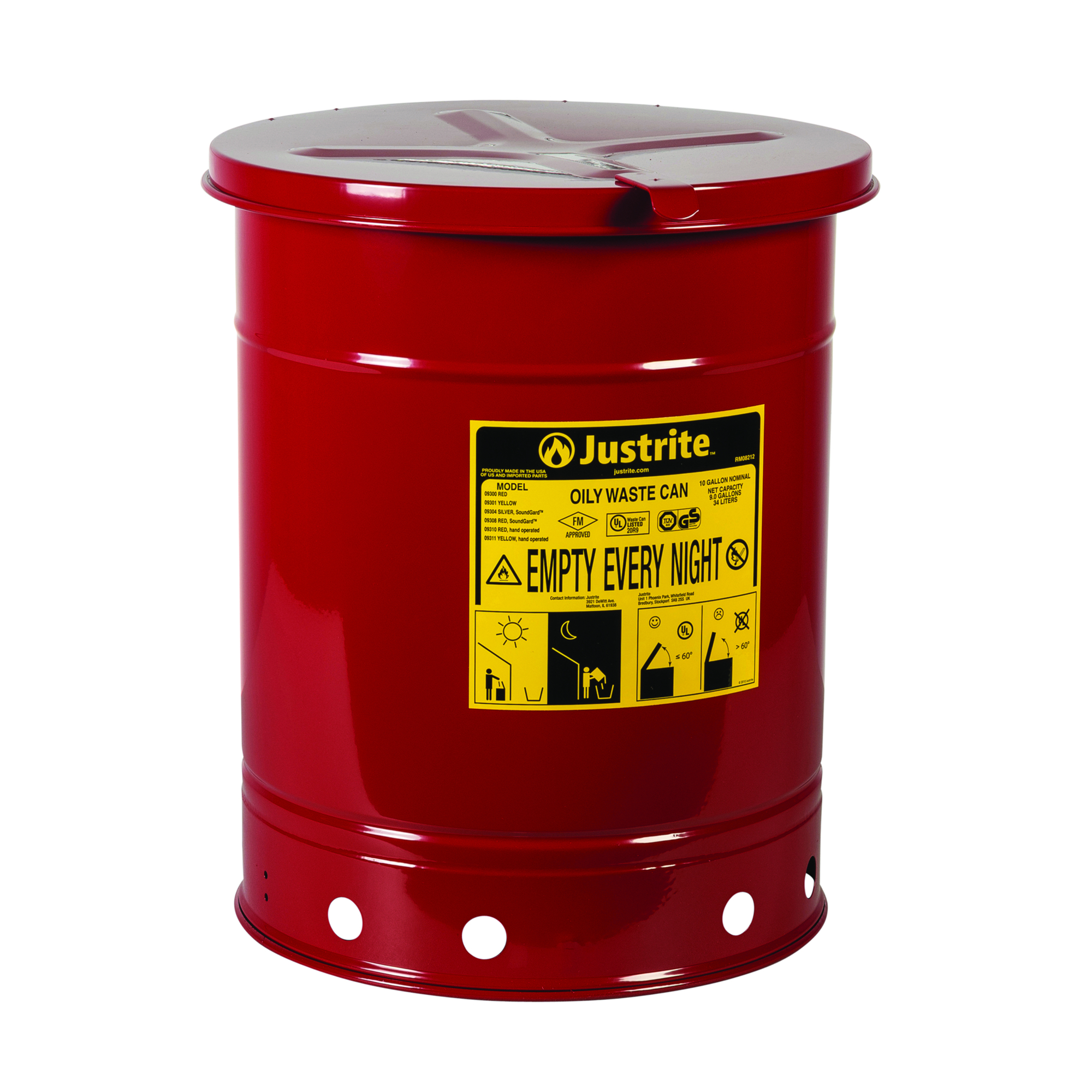 Justrite Oily Waste Can — 10-Gal., Hand-Operated Cover, Red, Model# 09310